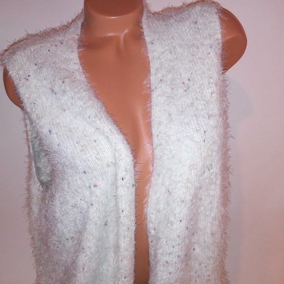 CJ Banks Cardigan Sweater Vest X 14 W Fuzzy Cream Colorful Speckles Sleeveless P - Picture 3 of 10